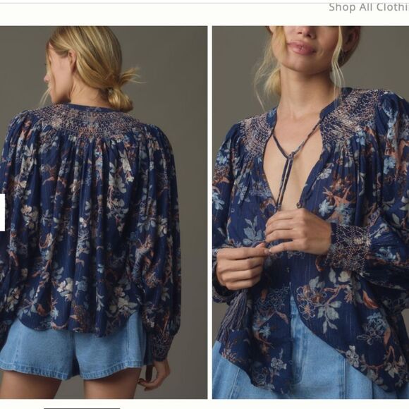 By Anthropologie Long-Sleeve Smocked Lurex Top Size S Blue Floral Print boho - Picture 5 of 13